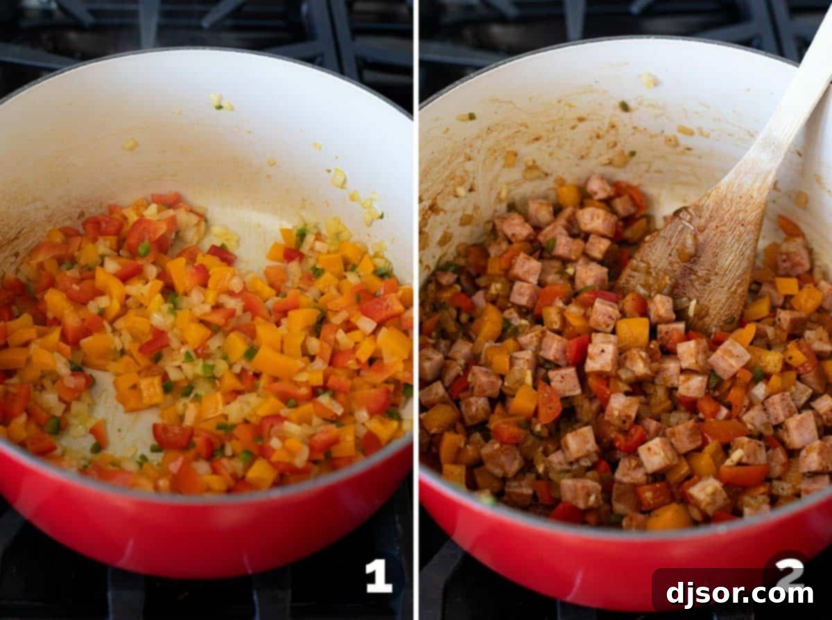Sautéing vegetables and adding ham and spices to pot.