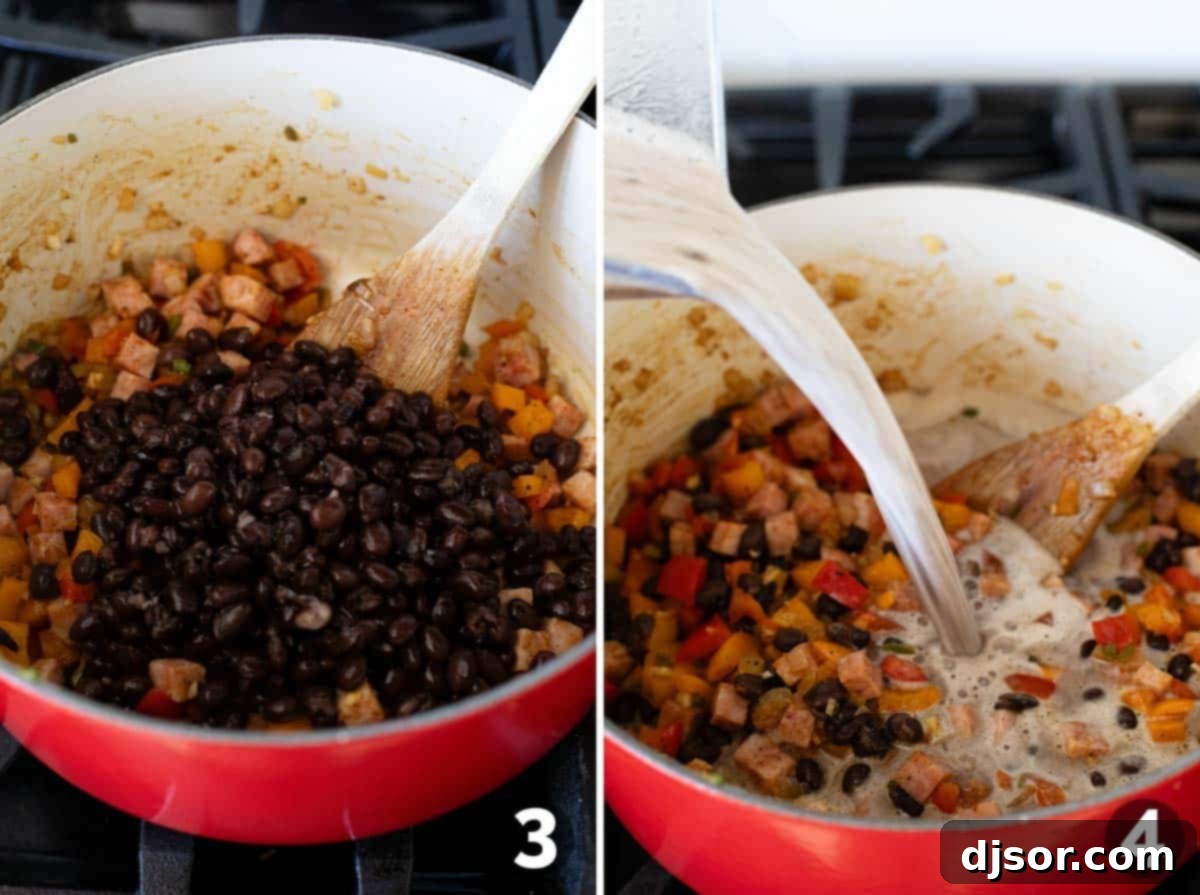 Adding black beans to soup pot, and adding blended beans and broth to soup.