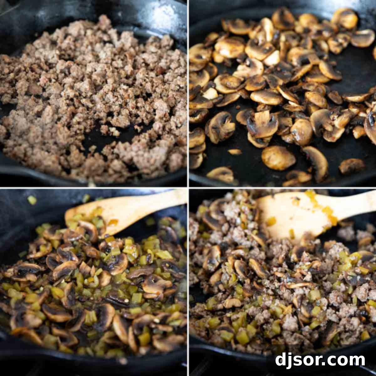 Close-up of sausage, sliced mushrooms, and green chiles cooking in a skillet.