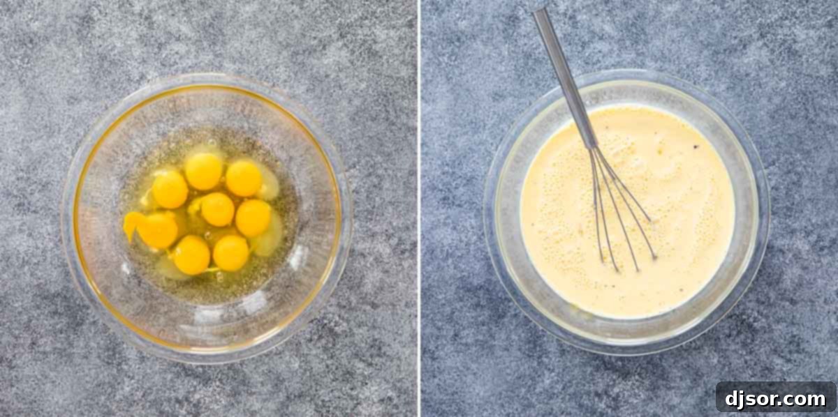 A bowl of lightly beaten eggs mixed with milk and half-and-half for the breakfast casserole.