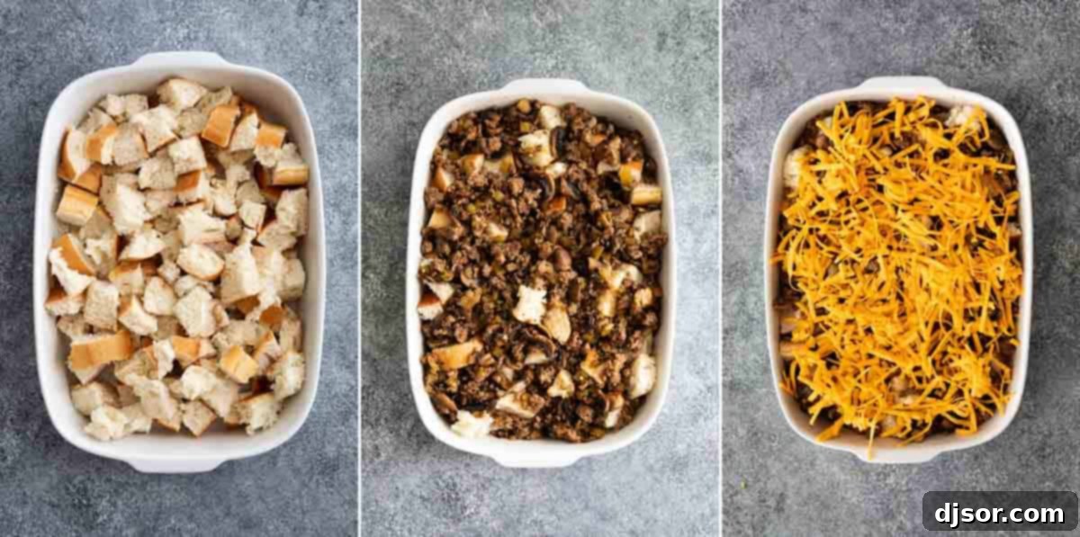 Layering cubed bread, sausage mixture, and cheese in a baking dish before adding the egg mixture.