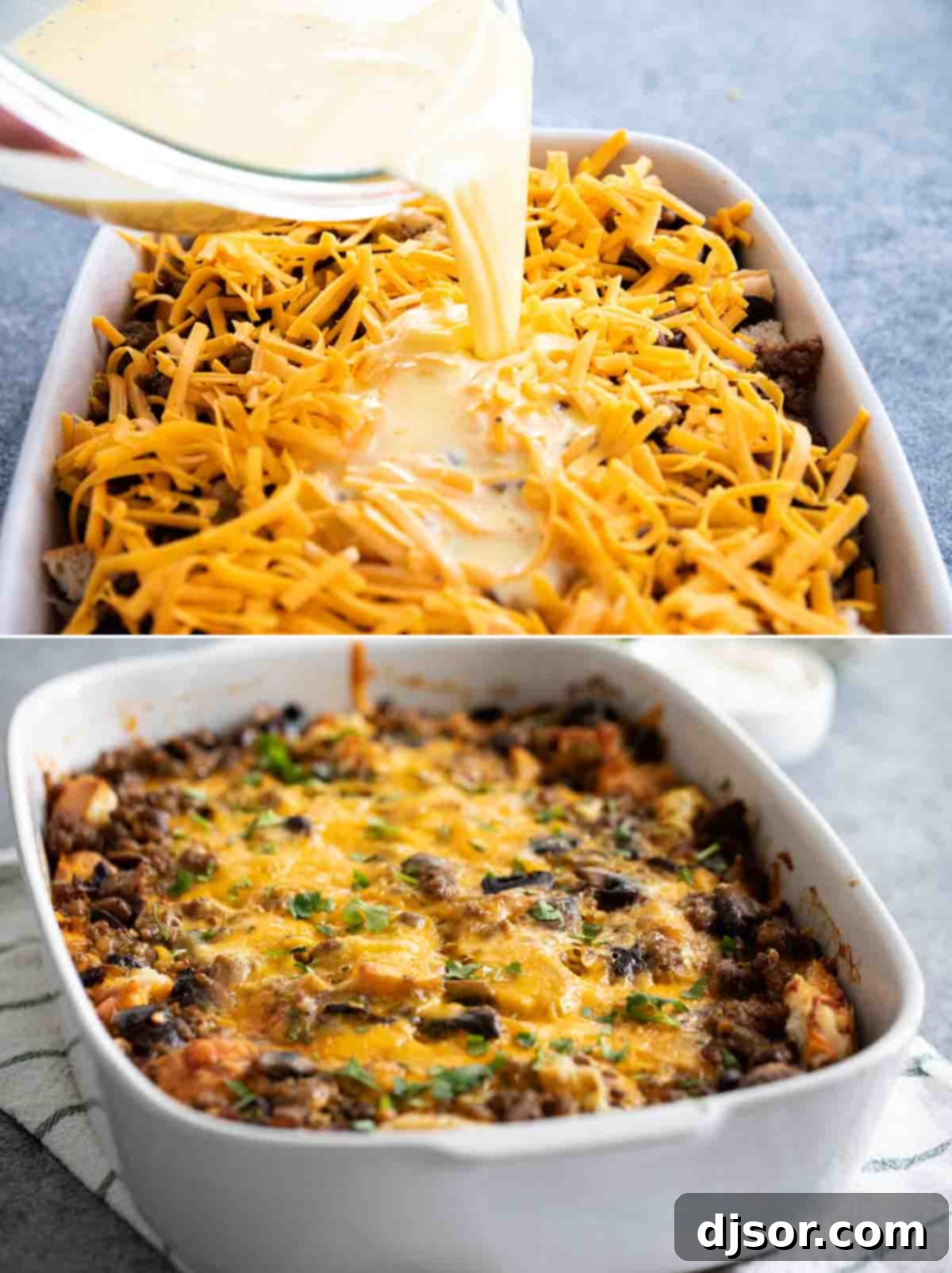 Comparison image showing the prepped sausage breakfast casserole alongside a baked one.