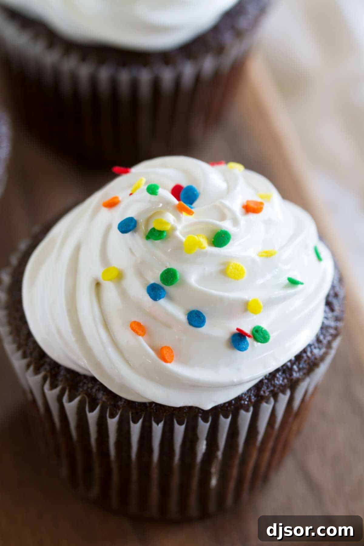 A single Devil's Food Cupcake crowned with pristine white fluffy frosting and vibrant rainbow sprinkles.