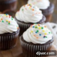 Devil's Food Cupcakes with Fluffy Frosting topped with sprinkles, a close-up.