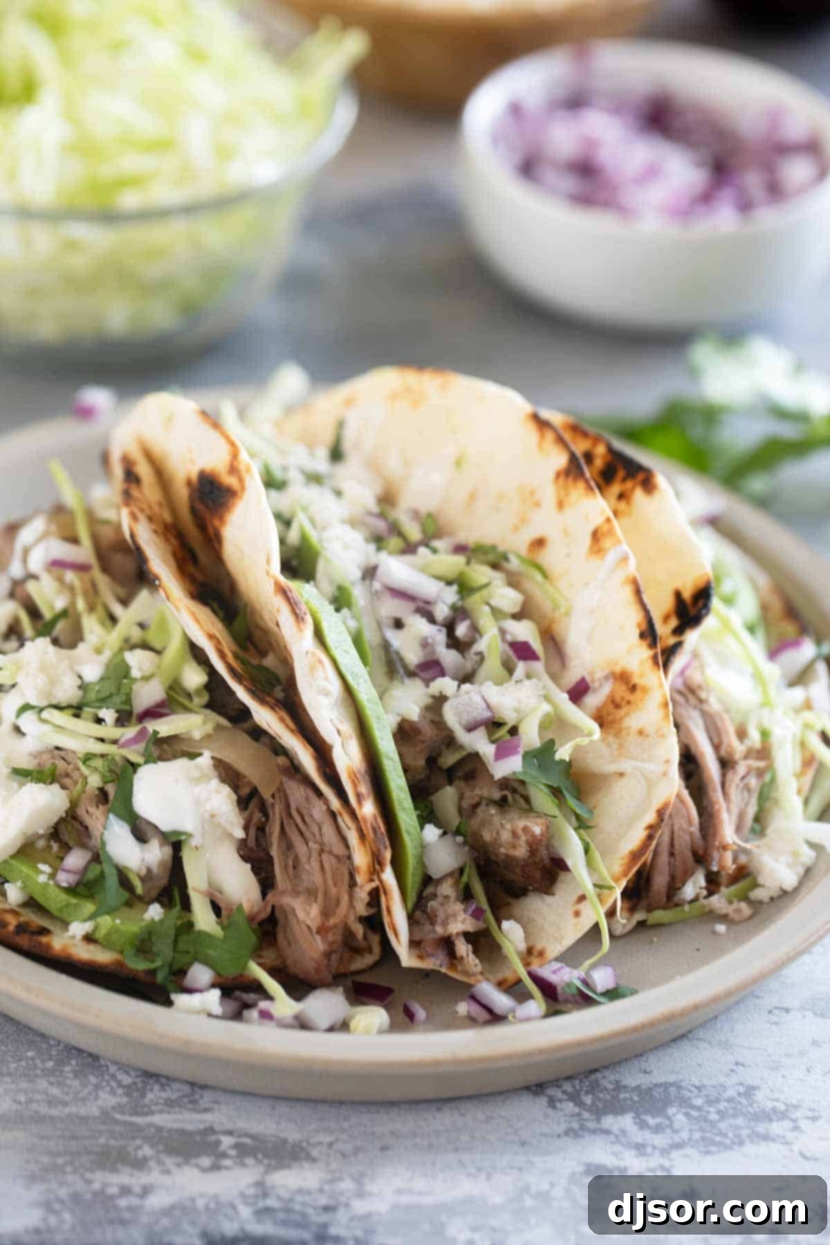 Tender Pork Carnitas Tacos 27 Shredded Pork Tacos topped with cabbage, onions, avocado, and more.