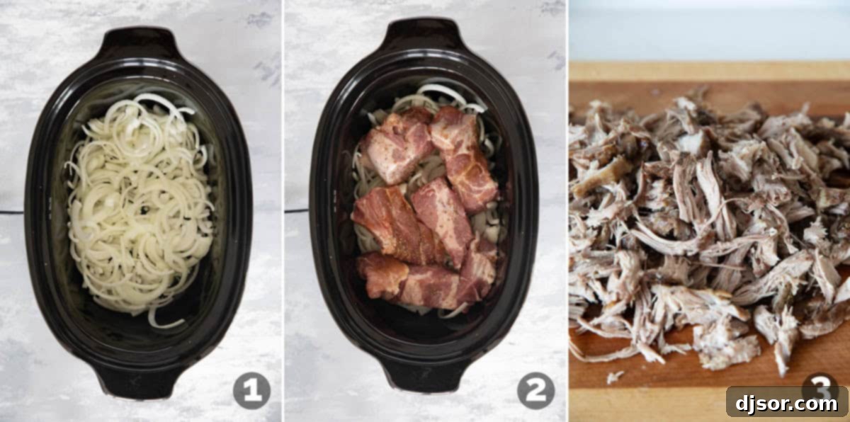 Sequential step-by-step images demonstrating how to prepare shredded pork for tacos in a slow cooker, from seasoning to shredding.