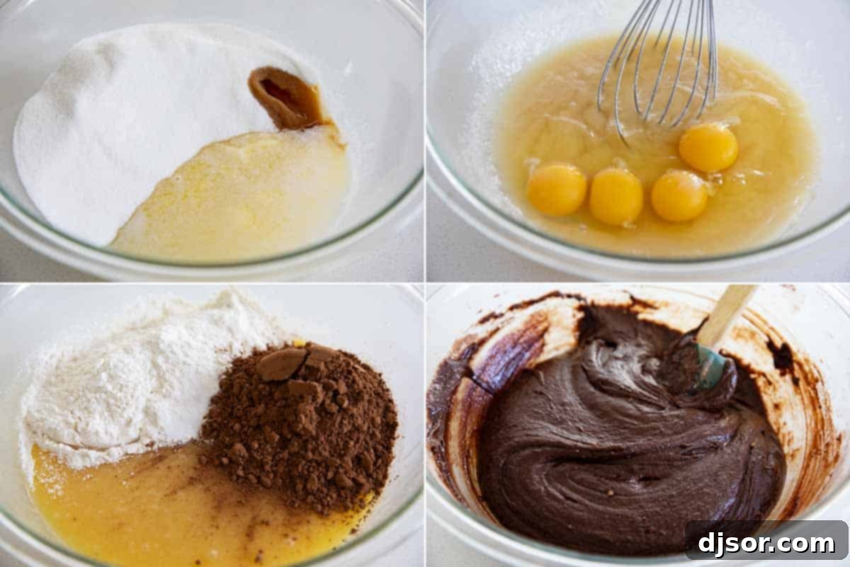 Step-by-step process showing mixing brownie batter in a bowl with a whisk.