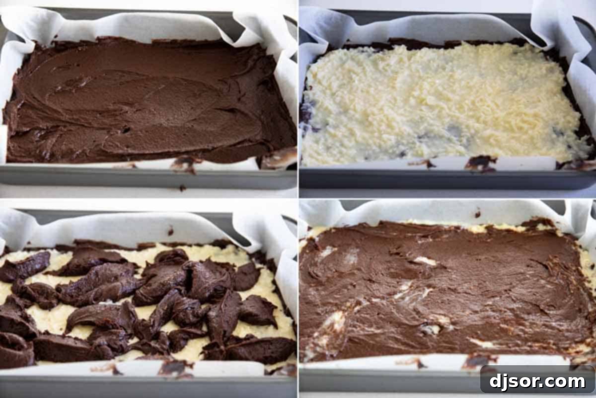 Assembling coconut brownies with brownie batter spread, followed by coconut filling, and then dollops of remaining brownie batter on top ready for baking.