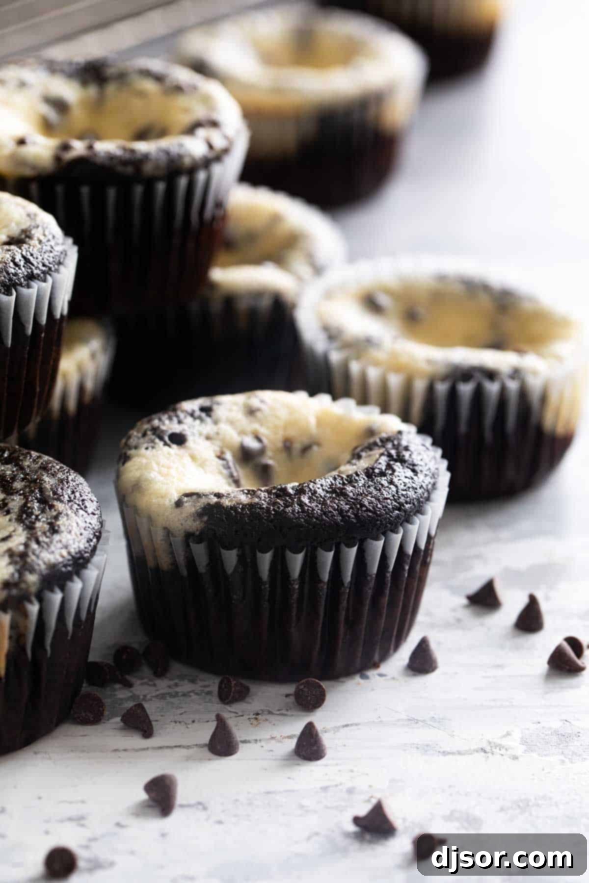 A Black Bottom Cupcake next to a cooling rack, with mini chocolate chips scattered nearby.