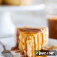 Harvest Pumpkin Caramel Cheesecake 2 A slice of pumpkin cheesecake with caramel sauce on a plate, ready to be enjoyed