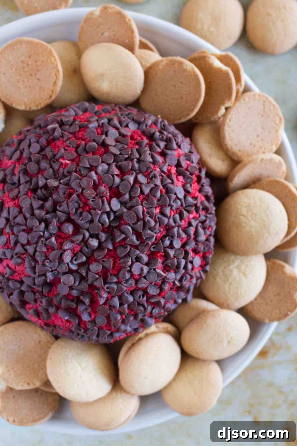 Velvet Red Cheese Truffles 3 Red Velvet Cheese Ball surrounded by vanilla wafer cookies, ready for dipping