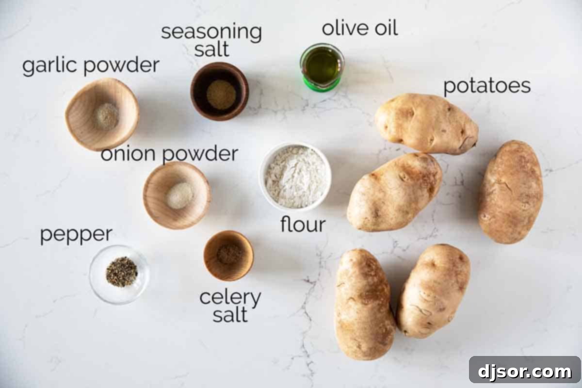 Crispy on the outside and fluffy on the inside, these Baked Potato Wedges couldn’t be any easier! A healthier, non-fried version of JoJo potatoes, these potatoes make a side dish the whole family loves. Ingredients for Baked Potato Wedges.