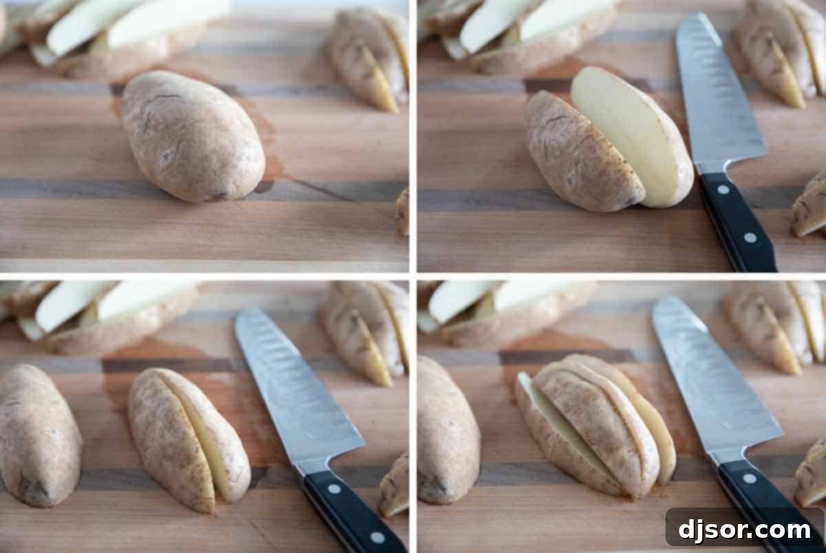 Crispy on the outside and fluffy on the inside, these Baked Potato Wedges couldn’t be any easier! A healthier, non-fried version of JoJo potatoes, these potatoes make a side dish the whole family loves. Cutting a potato for potato wedges.