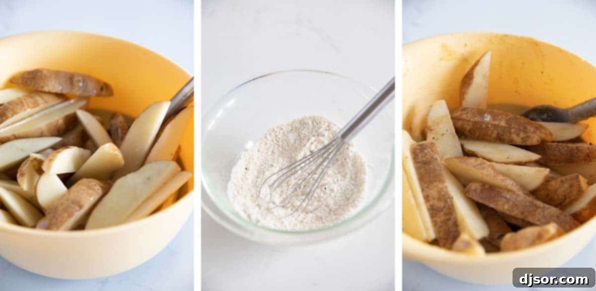 Crispy on the outside and fluffy on the inside, these Baked Potato Wedges couldn’t be any easier! A healthier, non-fried version of JoJo potatoes, these potatoes make a side dish the whole family loves. Bowl with potato wedges and flour and spice mixture being mixed in.