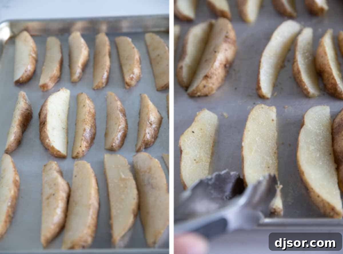 Crispy on the outside and fluffy on the inside, these Baked Potato Wedges couldn’t be any easier! A healthier, non-fried version of JoJo potatoes, these potatoes make a side dish the whole family loves. Potato wedges on a baking sheet being flipped as they bake.