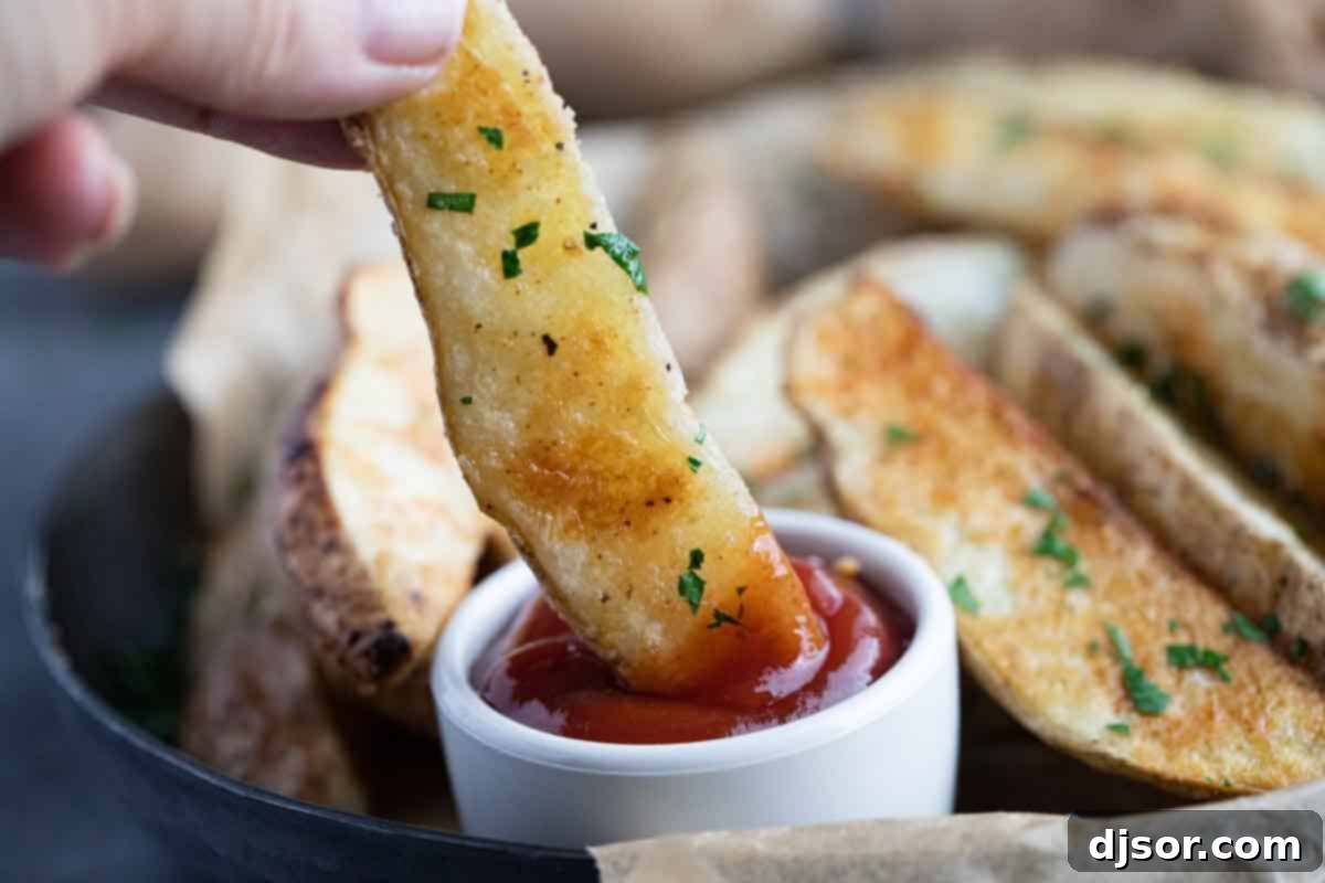 Crispy on the outside and fluffy on the inside, these Baked Potato Wedges couldn’t be any easier! A healthier, non-fried version of JoJo potatoes, these potatoes make a side dish the whole family loves. dipping a baked potato wedge into a small bowl of ketchup.