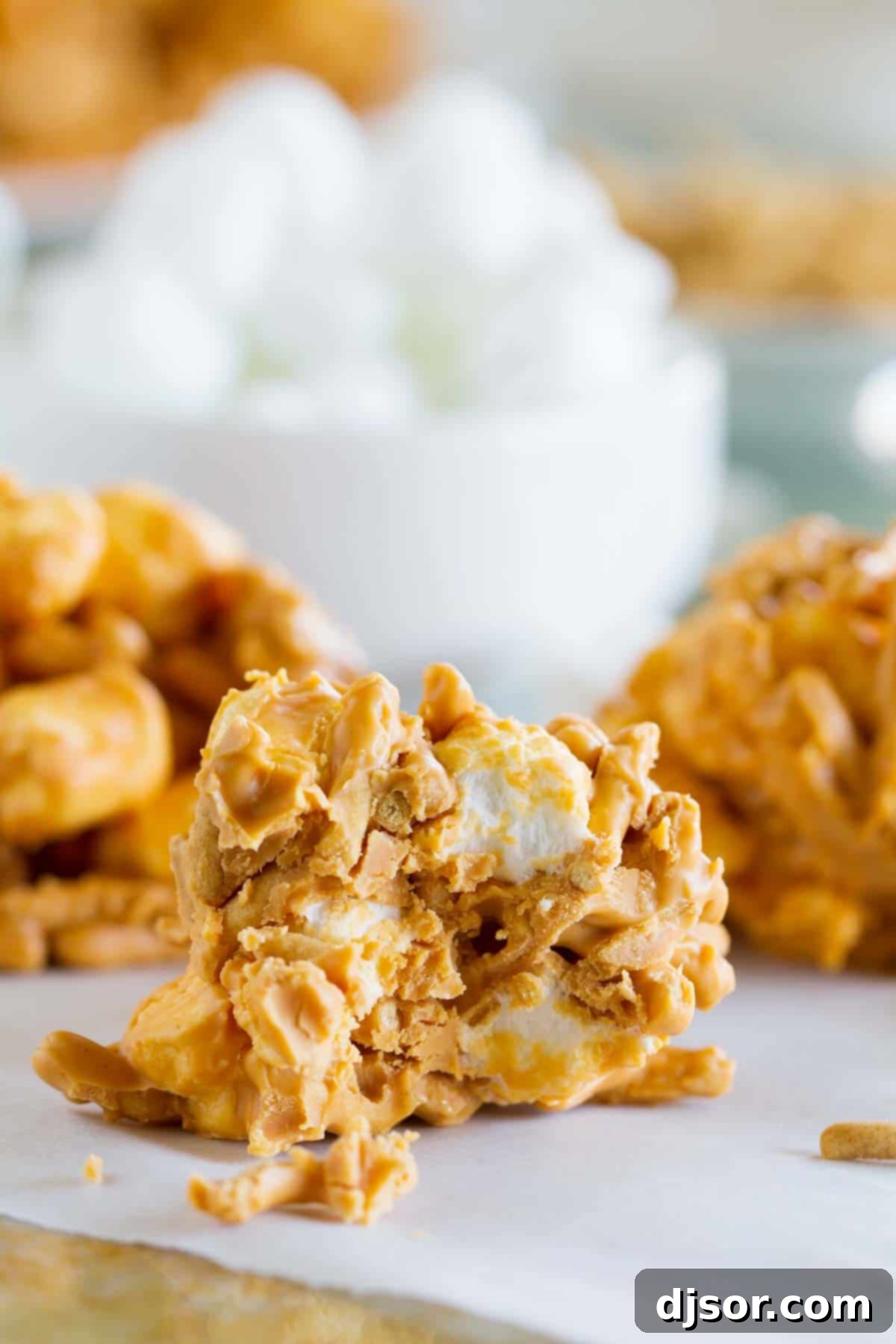 Haystack cookie with a bite taken from it.