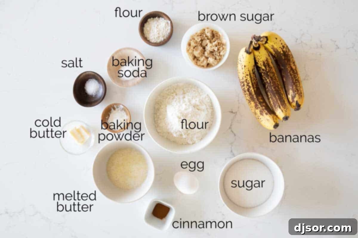 Key Ingredients for Your Homemade Banana Muffins Ingredients for banana muffins arranged neatly on a counter, including flour, bananas, sugar, egg, and butter.