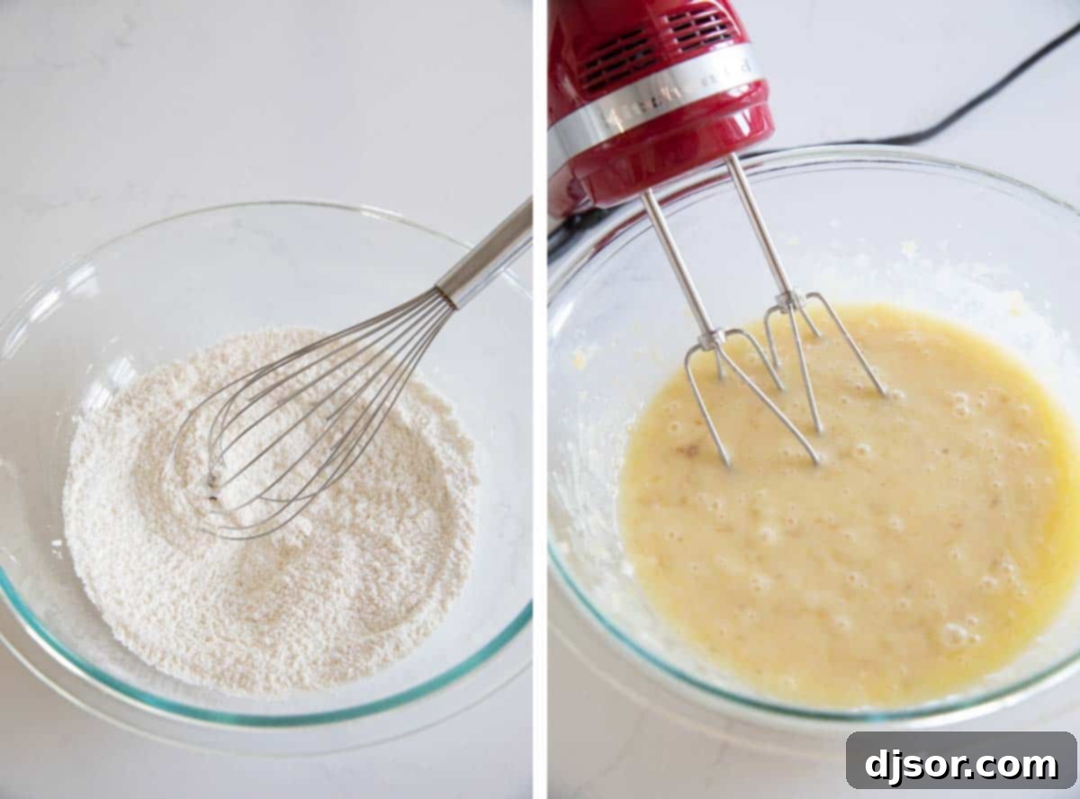 Preparing Wet and Dry Ingredients for Muffin Batter Two bowls showing the process of mixing dry ingredients and wet ingredients separately for banana muffins.