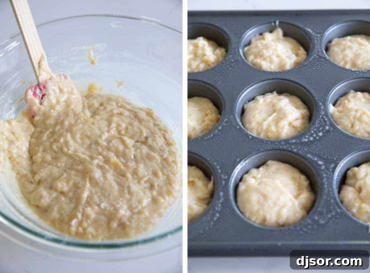 Filling Muffin Tins with Banana Batter Muffin batter being scooped into a muffin tin, ready for baking.