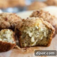 Moist Banana Muffins 2 Inside texture of banana muffins with a crumb topping.