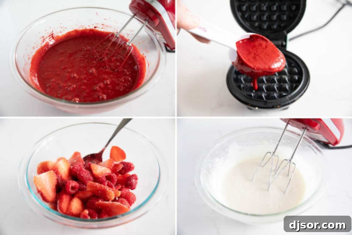A step-by-step visual guide showing how to prepare the red velvet waffle batter, cook them in a waffle iron, and mix the berries and cream cheese drizzle ingredients.