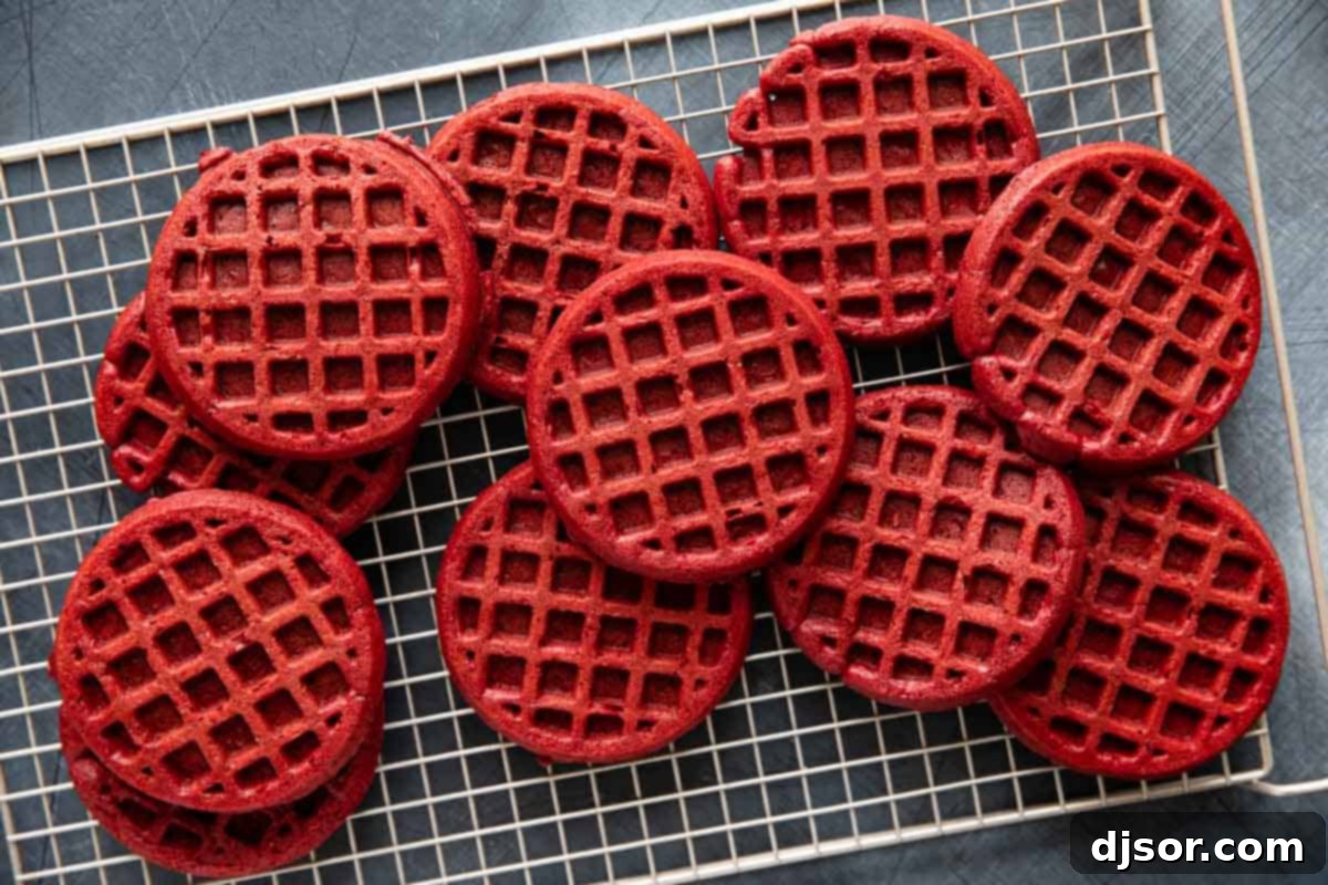 Freshly cooked red velvet waffles neatly stacked on a cooling rack, ready for toppings.