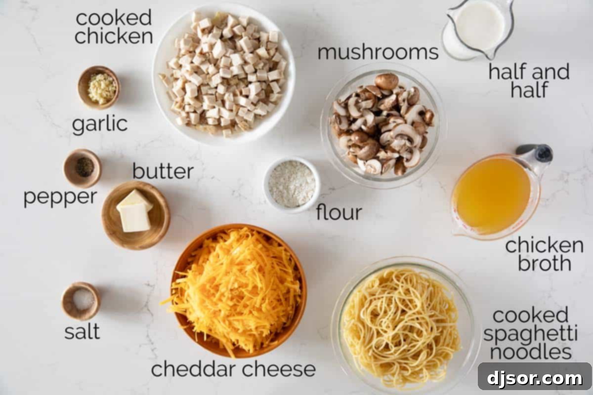 Collection of fresh ingredients for chicken tetrazzini on a kitchen counter.