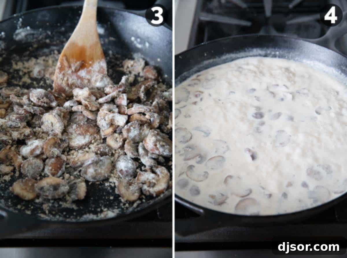 Flour being stirred into sautéed mushrooms, followed by the addition of ingredients to create a creamy sauce.