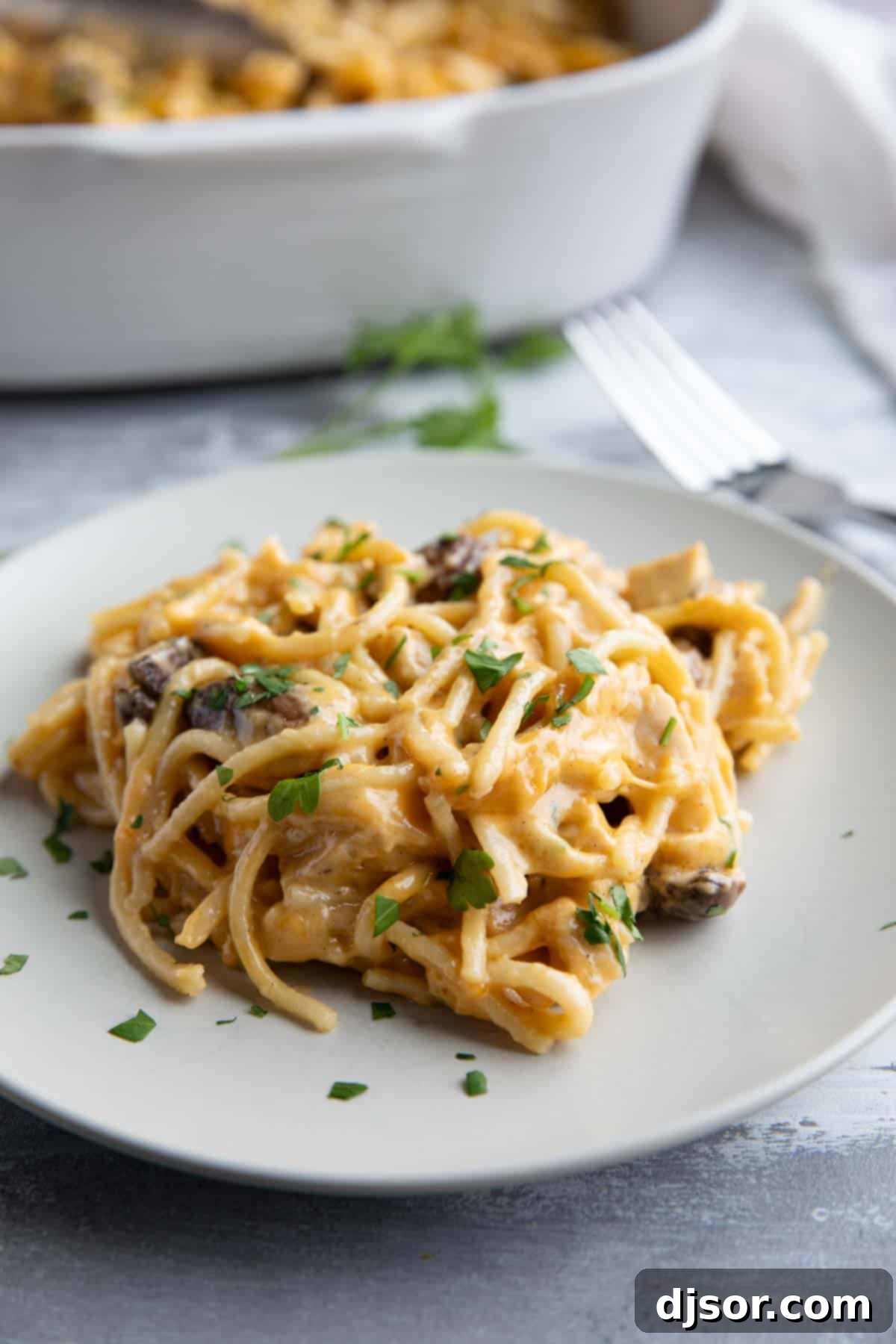 A serving of Chicken Tetrazzini on a plate, garnished with fresh parsley.