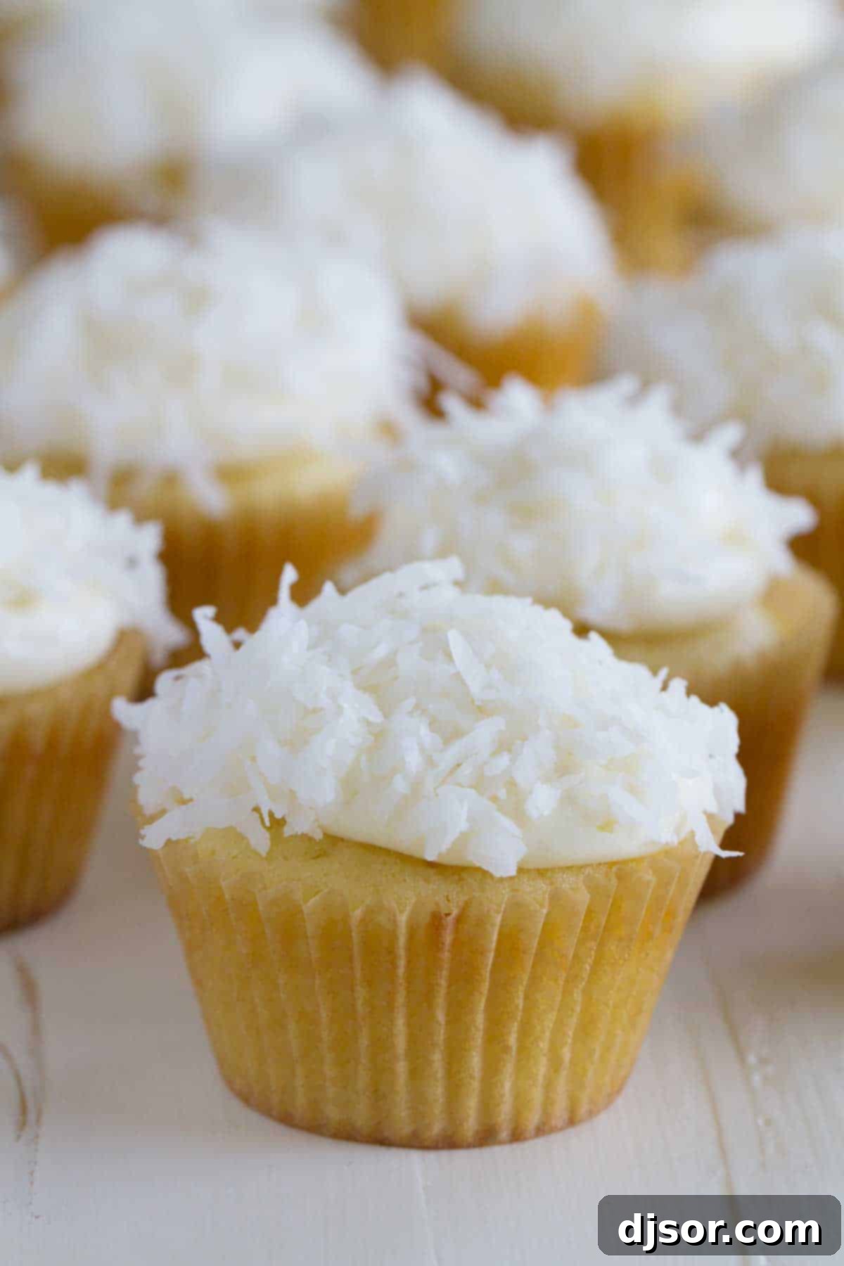 Exquisite coconut cupcakes topped with rich cream cheese frosting and shredded coconut
