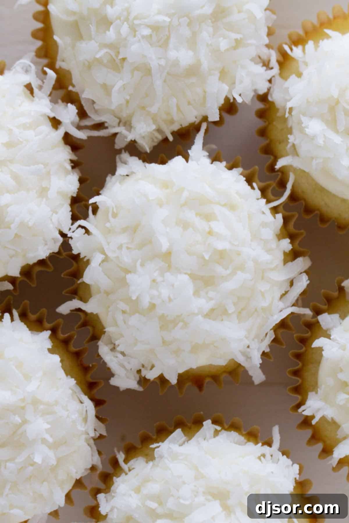Close-up of golden-brown coconut cupcakes adorned with sweet shredded coconut