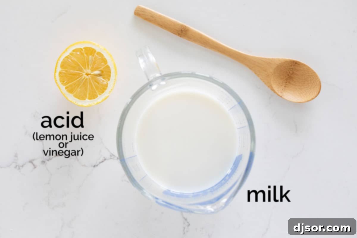 A glass of homemade buttermilk substitute showing the slightly curdled texture