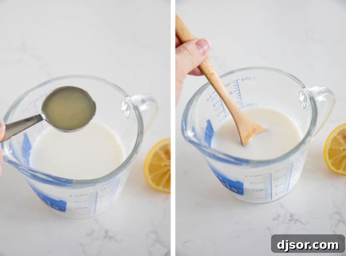 Milk and a lemon with a knife and measuring spoon, ready to be combined for buttermilk substitute