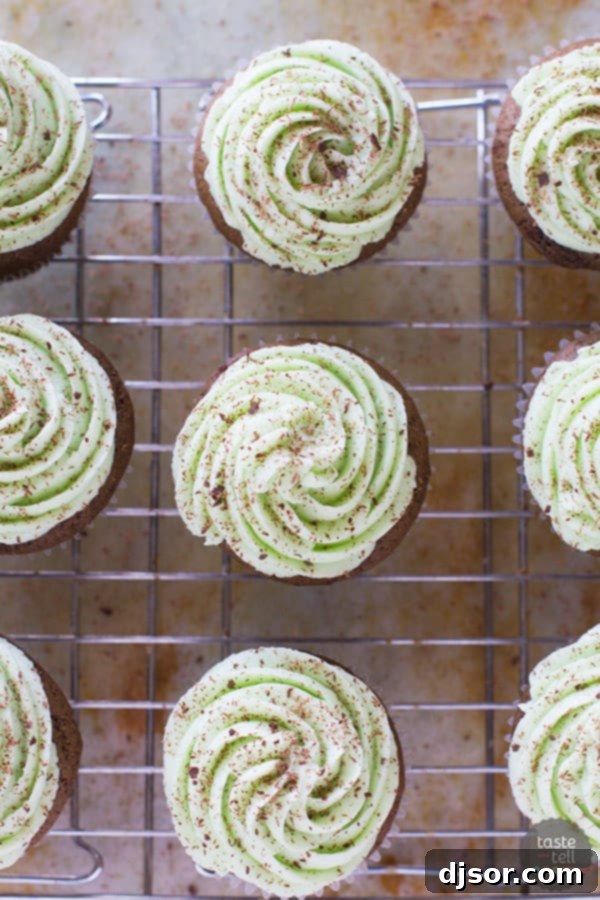 Closeup of a chocolate mint cupcake with green mint Swiss meringue buttercream frosting.