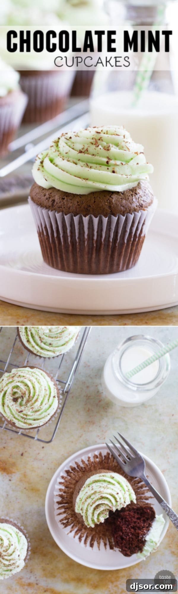 A beautifully arranged stack of chocolate mint cupcakes.