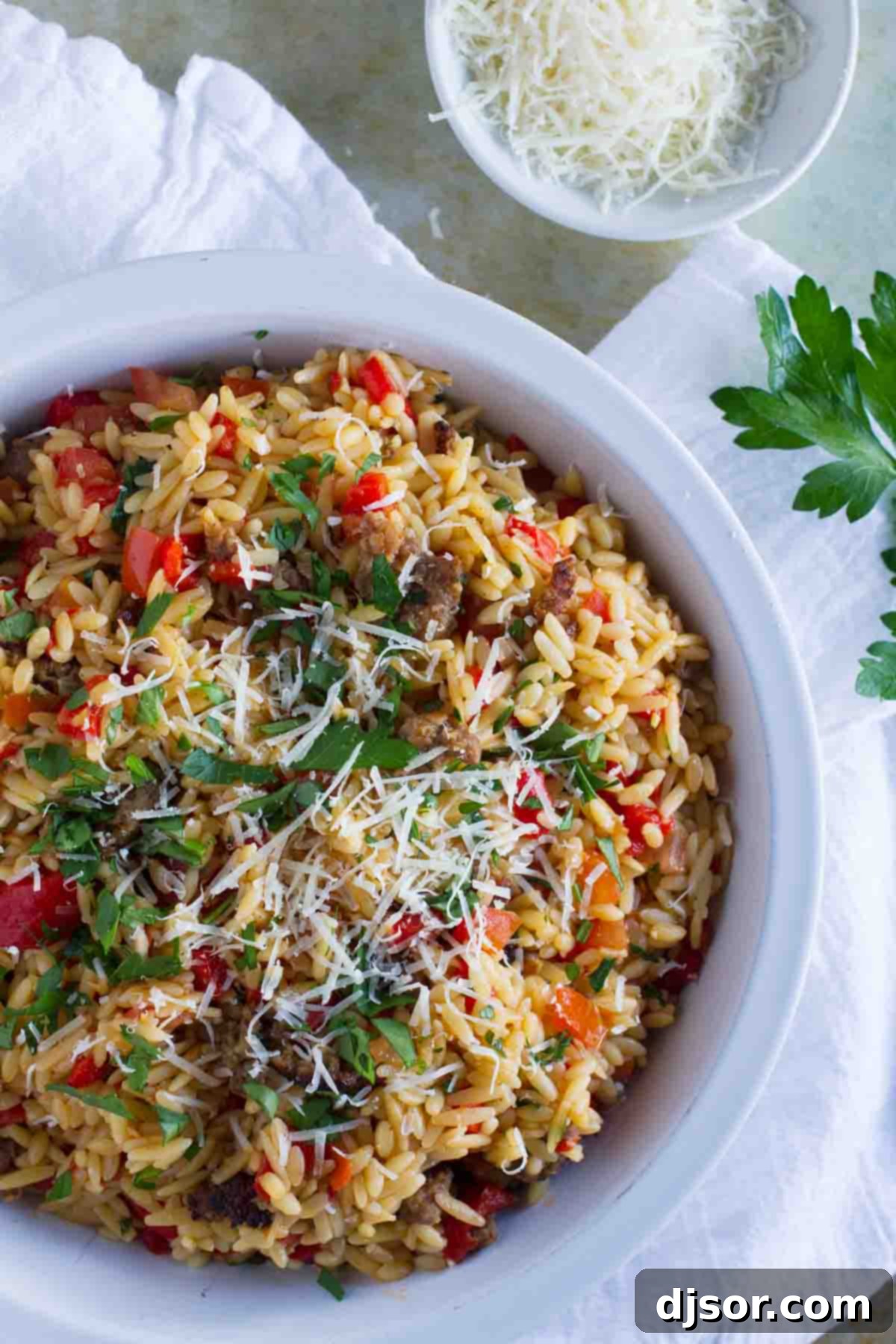 Easy Orzo with Italian Sausage and Peppers: A Quick, Filling, and Family-Friendly 30-Minute Meal! A vibrant bowl of Orzo with Italian Sausage and Peppers, garnished with fresh herbs, ready to be served.
