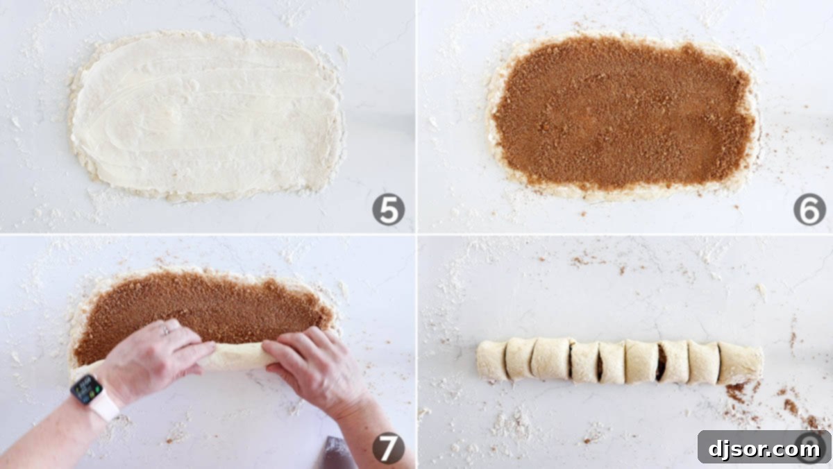 A visual guide showing the steps for preparing cinnamon biscuits, including spreading butter and cinnamon sugar on the rolled dough, then carefully rolling it up.