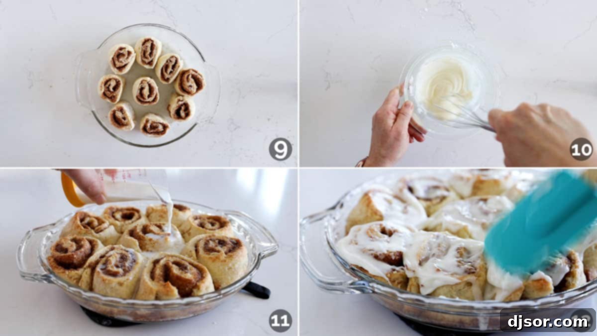 A collage demonstrating the final stages of making cinnamon biscuits, from baking golden-brown rolls to generously drizzling them with sweet, creamy icing.