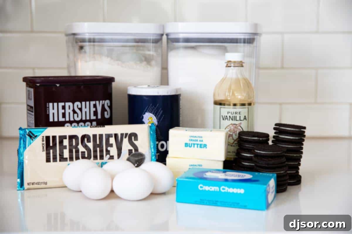 All ingredients laid out on a table to make Oreo Brownies from scratch