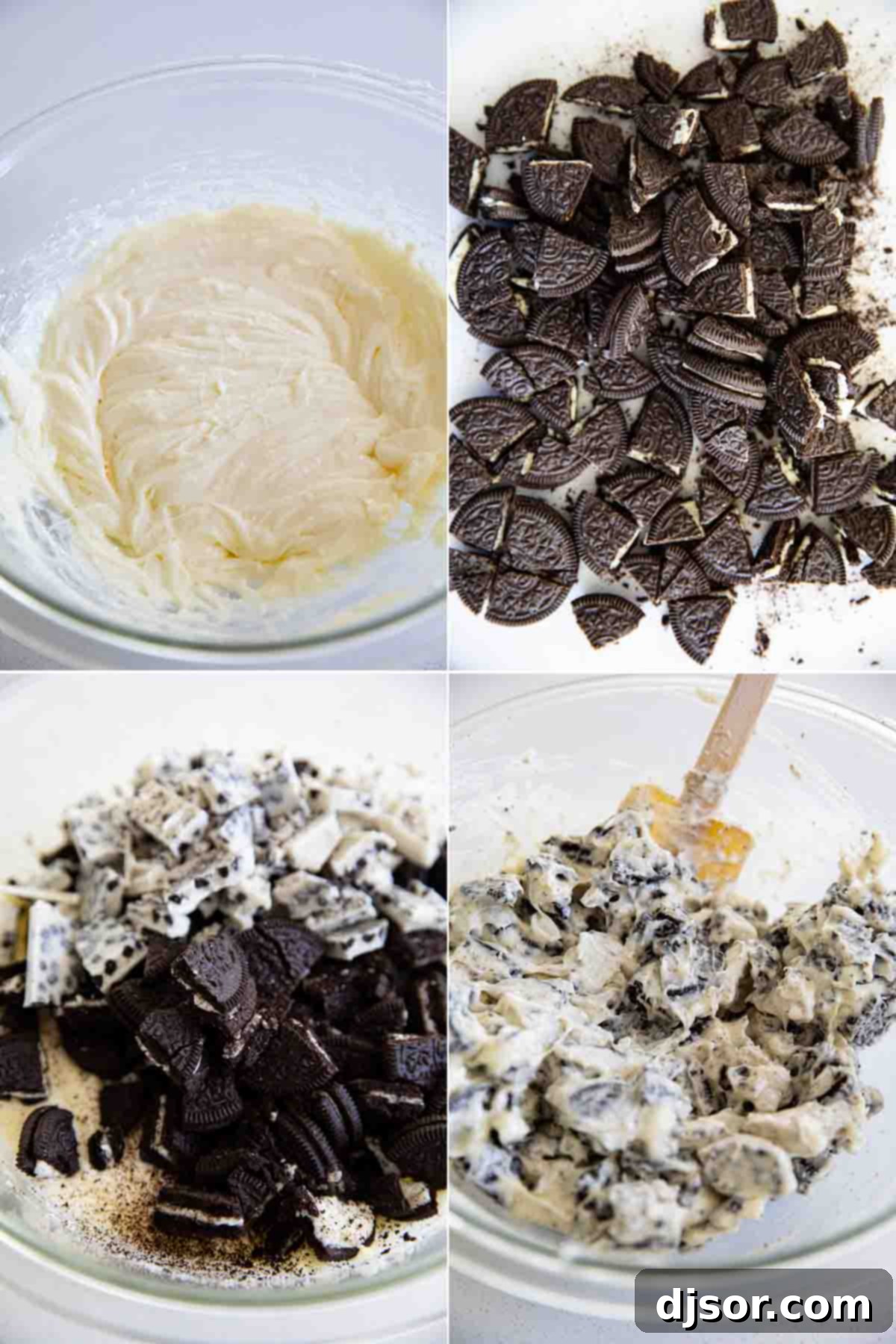 Step-by-step photos showing how to make the cookies and cream filling with cream cheese and Oreos