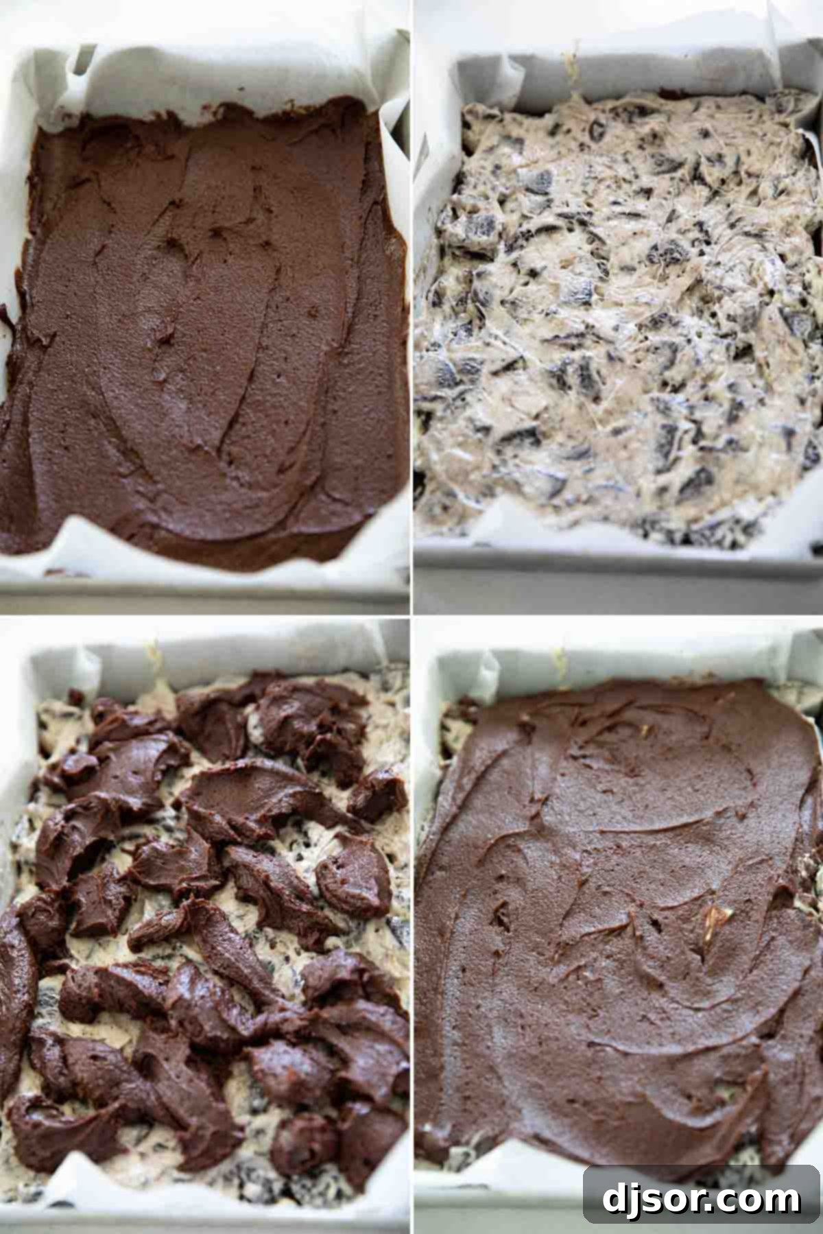 Layering the brownie batter and cookies and cream filling in a baking dish before baking