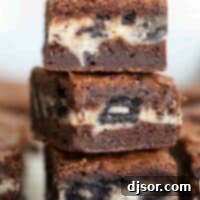 Three Oreo brownies stacked on top of each other