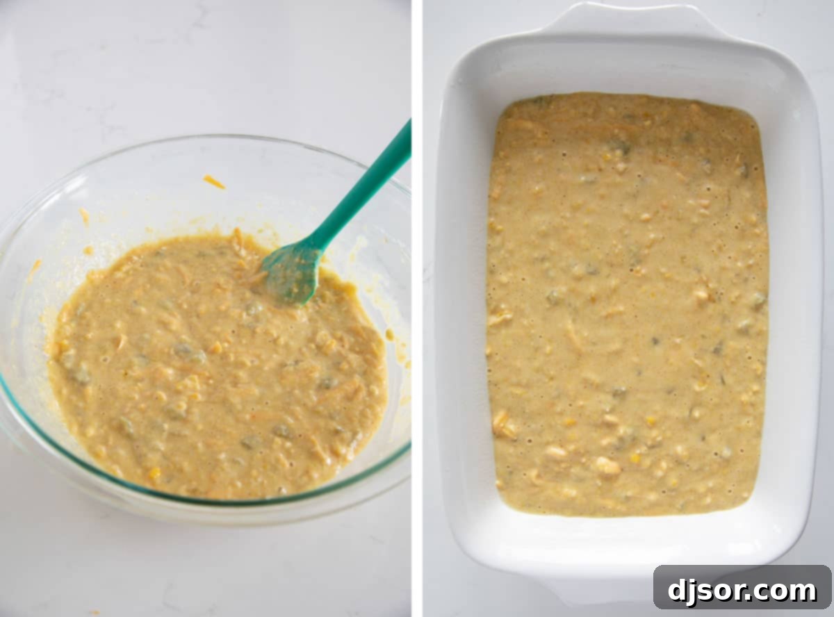 Close-up image of the cornmeal base being mixed in a bowl, preparing it for the Chicken Tamale Casserole crust.