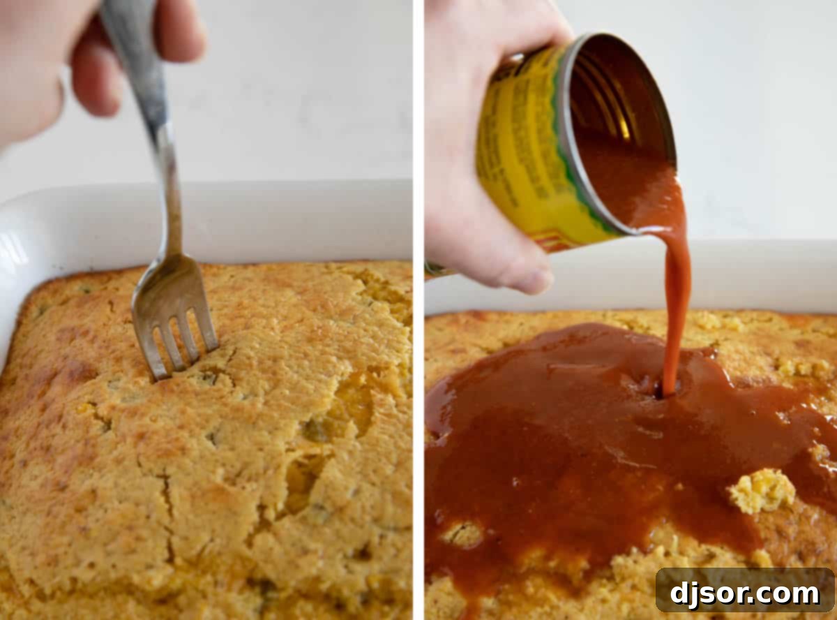 Poking holes into the partially baked cornmeal crust of the chicken tamale casserole to allow enchilada sauce to soak in.