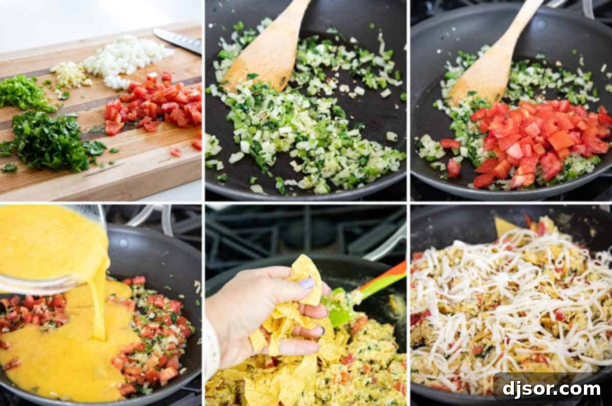 A visual step-by-step guide showing the process of making easy Migas, from sautéing vegetables to adding eggs and tortilla chips.