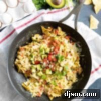 overhead view of migas in a skillet