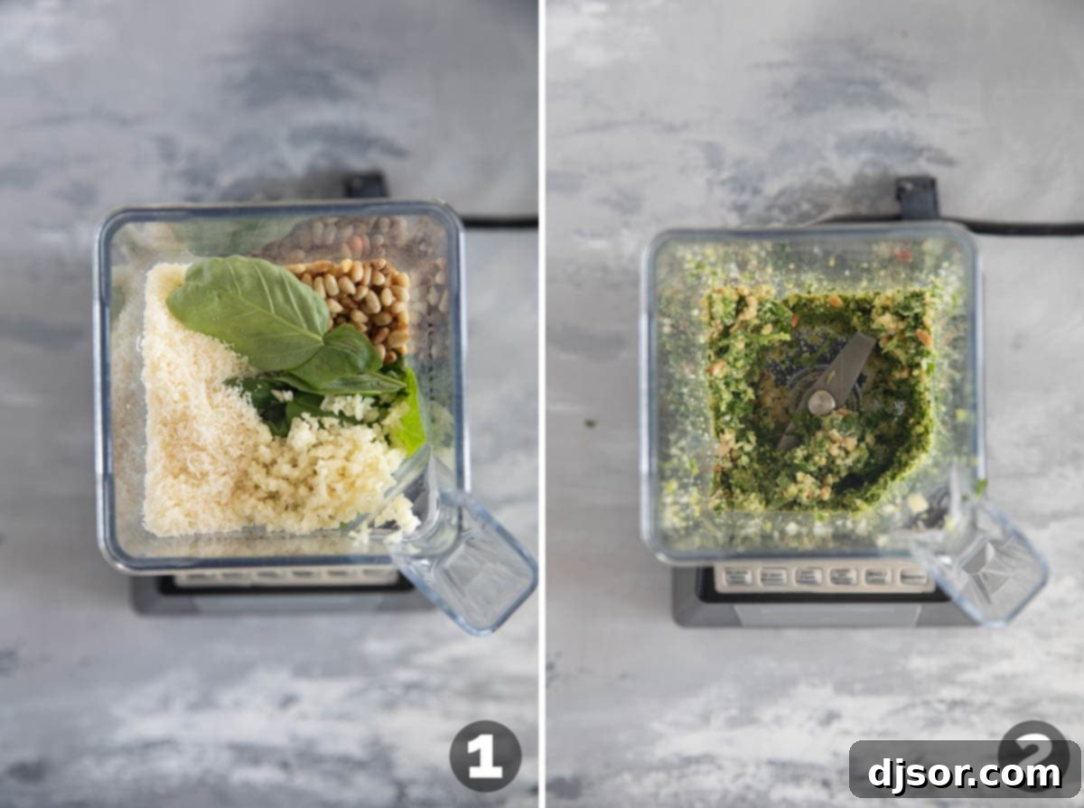 Combining ingredients in a blender and chopping to make basil pesto.