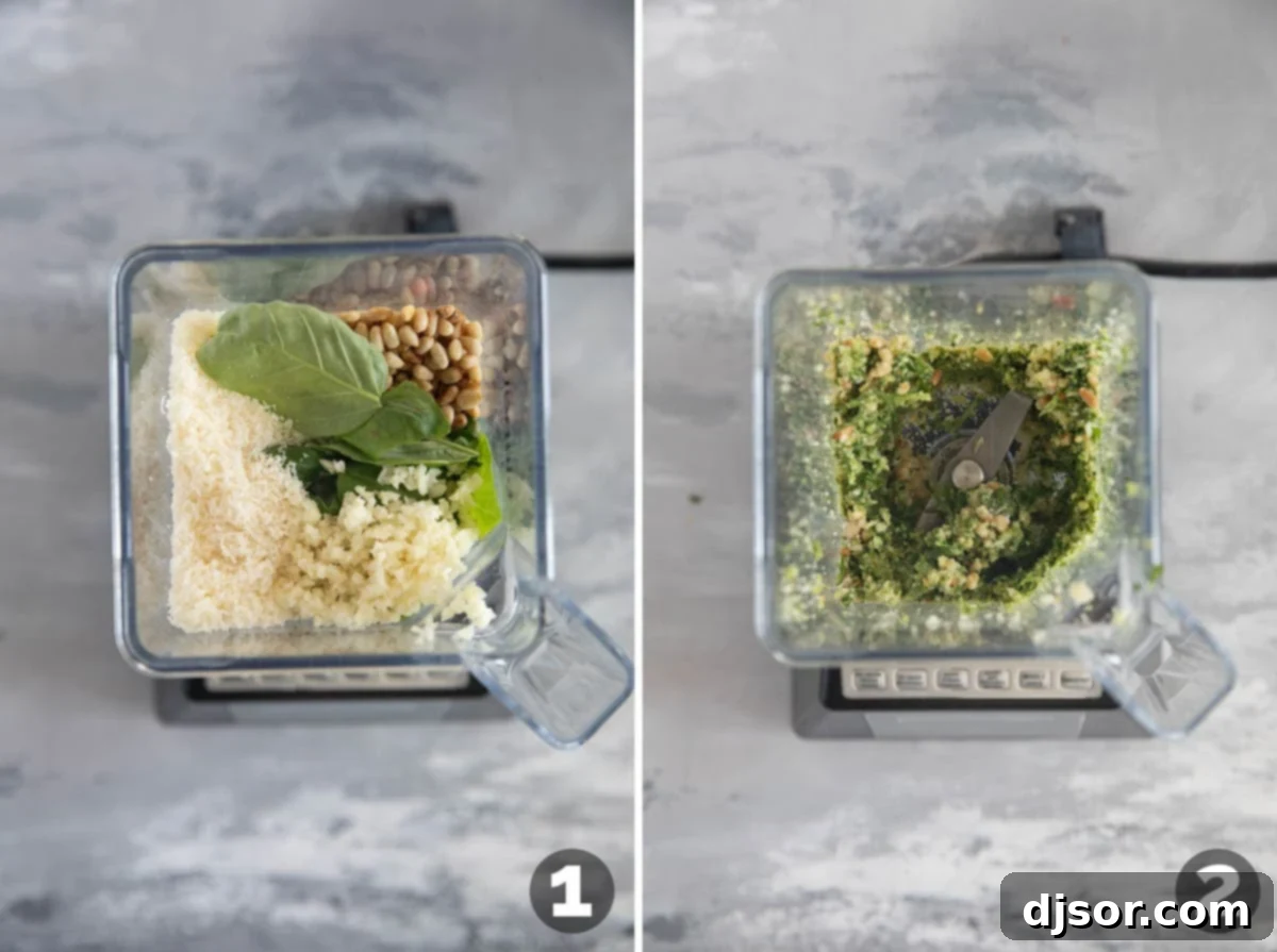 Fresh Basil Pesto 4 Fresh basil leaves, pine nuts, and garlic cloves are being placed into the bowl of a food processor, ready to be blended into homemade basil pesto.