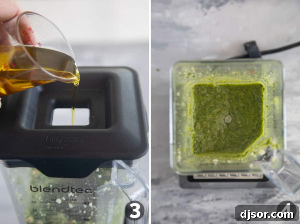 Fresh Basil Pesto 5 A slow stream of olive oil is being poured into a food processor with basil pesto ingredients, blending into a smooth and emulsified sauce.